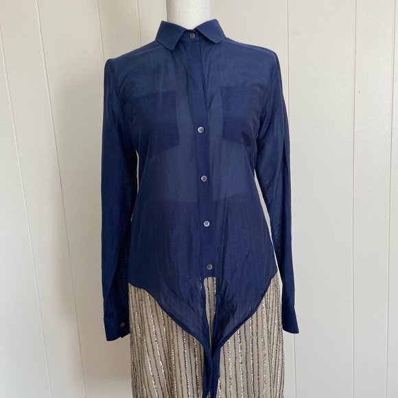 THEORY Navy Button Down Tie Front size Small - Picture 16 of 16